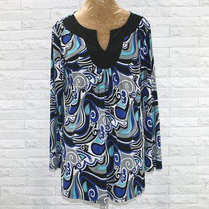 ONLY NINE Blouse Swirl Paisley Fall Long Sleeve Abstract Floral Top Blue XL